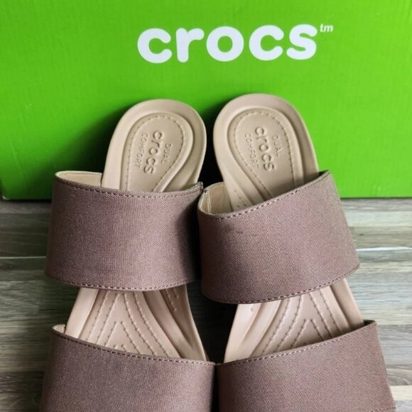 Crocs Leigh 2 Strap Wedge Sandals 11w Bronze Dual Comfort Women's Fashion Shoes - Picture 1 of 16